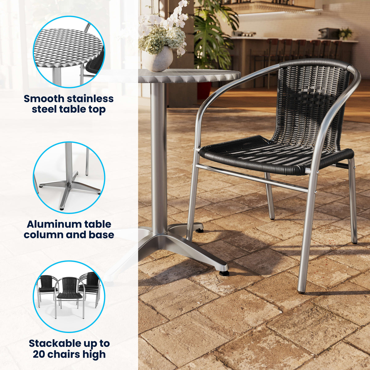Black |#| 23.5" Round Aluminum Indoor-Outdoor Table Set with 2 Black Rattan Chairs