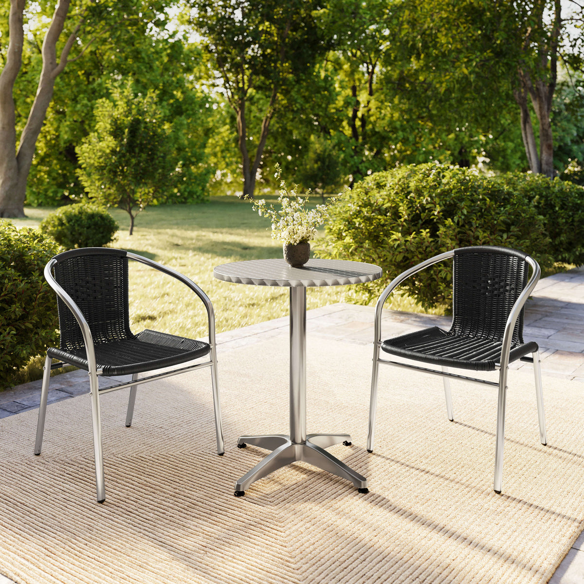 Black |#| 23.5" Round Aluminum Indoor-Outdoor Table Set with 2 Black Rattan Chairs