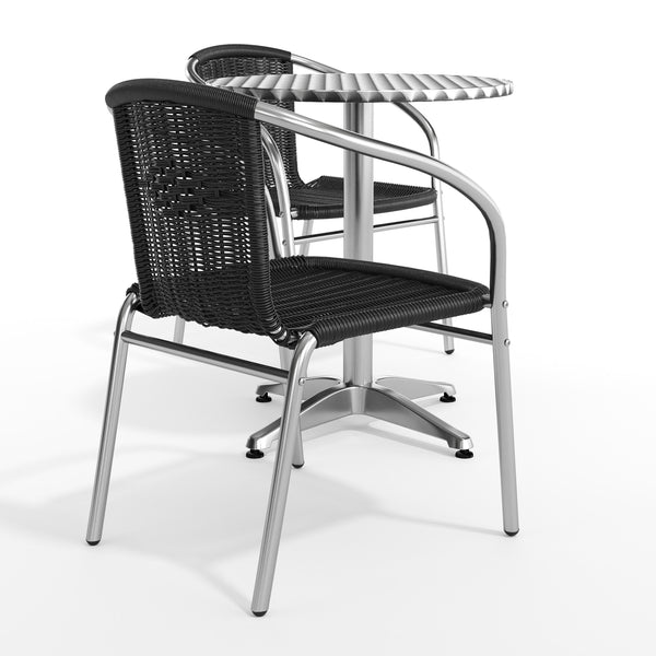 Black |#| 23.5" Round Aluminum Indoor-Outdoor Table Set with 2 Black Rattan Chairs
