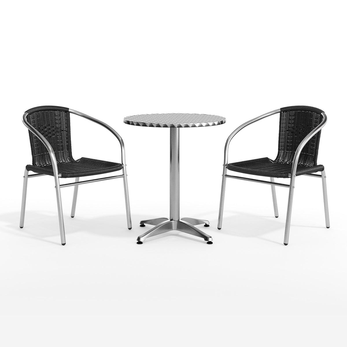 Black |#| 23.5" Round Aluminum Indoor-Outdoor Table Set with 2 Black Rattan Chairs