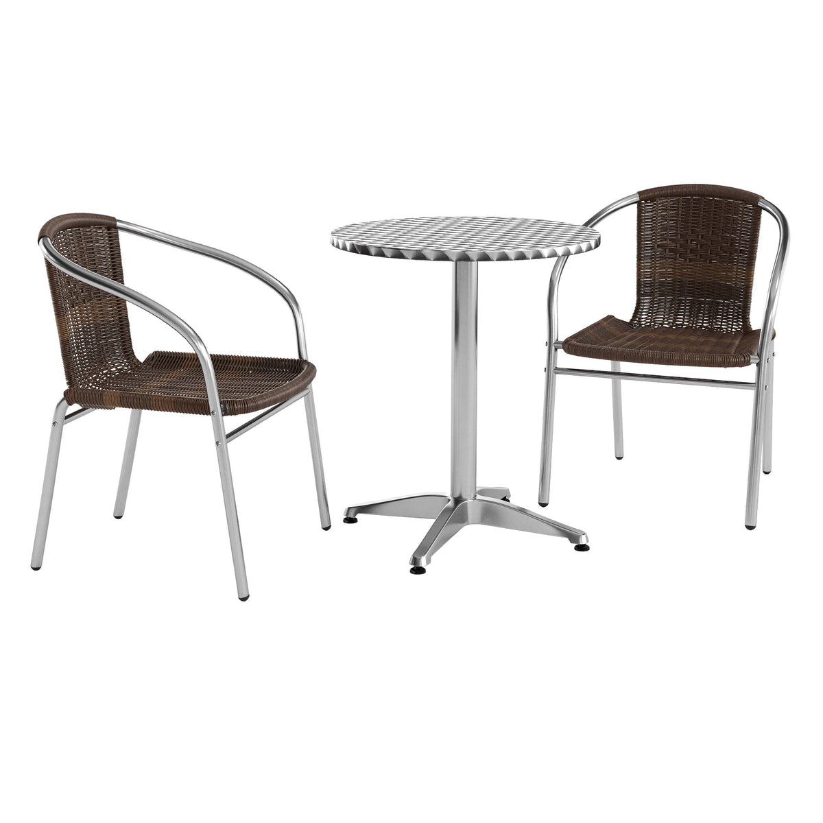 Dark Brown |#| 23.5" Round Aluminum Indoor-Outdoor Table Set with 2 Dark Brown Rattan Chairs