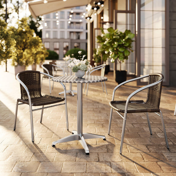 Dark Brown |#| 23.5" Round Aluminum Indoor-Outdoor Table Set with 2 Dark Brown Rattan Chairs