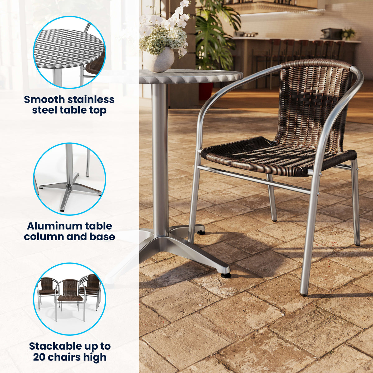 Dark Brown |#| 23.5" Round Aluminum Indoor-Outdoor Table Set with 2 Dark Brown Rattan Chairs