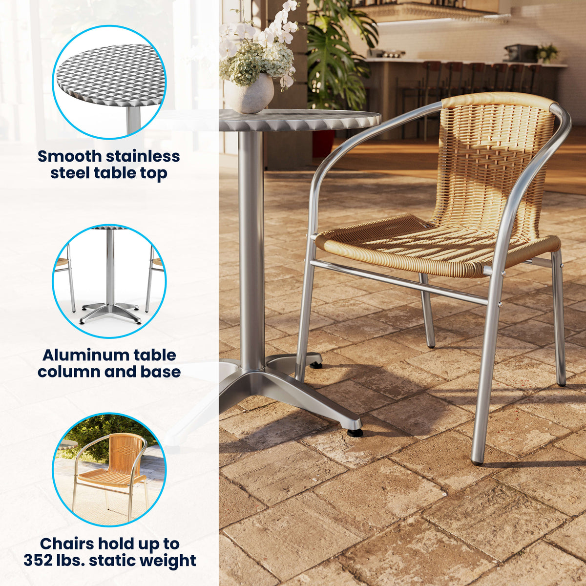 Beige |#| 23.5" Round Aluminum Indoor-Outdoor Table Set with 2 Beige Rattan Chairs