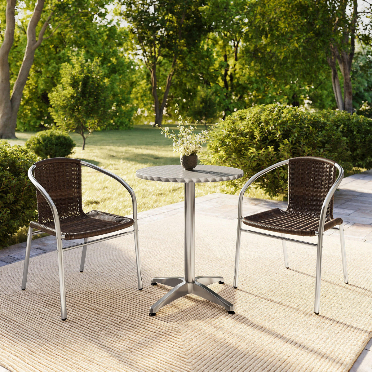 Dark Brown |#| 23.5" Round Aluminum Indoor-Outdoor Table Set with 2 Dark Brown Rattan Chairs