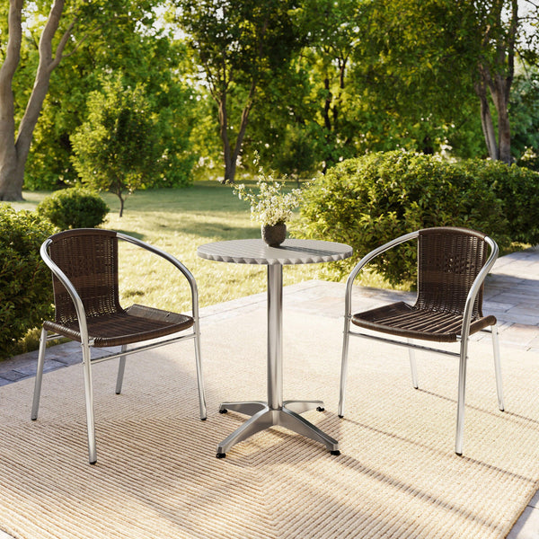 Dark Brown |#| 23.5" Round Aluminum Indoor-Outdoor Table Set with 2 Dark Brown Rattan Chairs