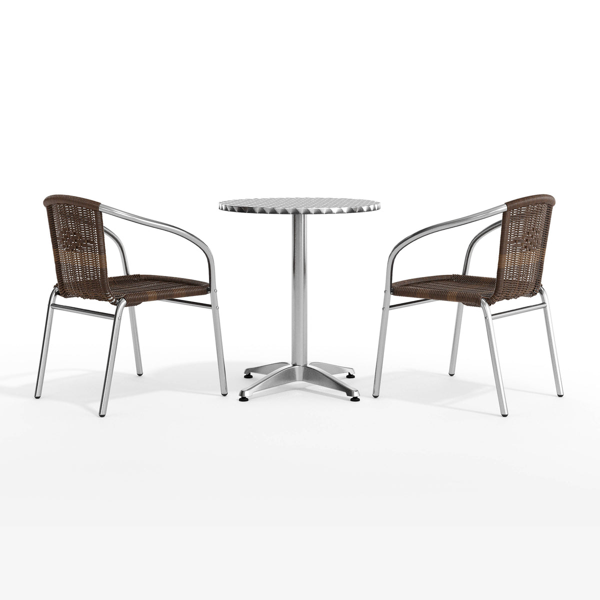 Dark Brown |#| 23.5" Round Aluminum Indoor-Outdoor Table Set with 2 Dark Brown Rattan Chairs