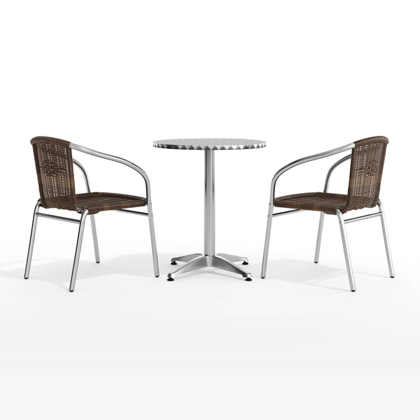 Dark Brown |#| 23.5" Round Aluminum Indoor-Outdoor Table Set with 2 Dark Brown Rattan Chairs