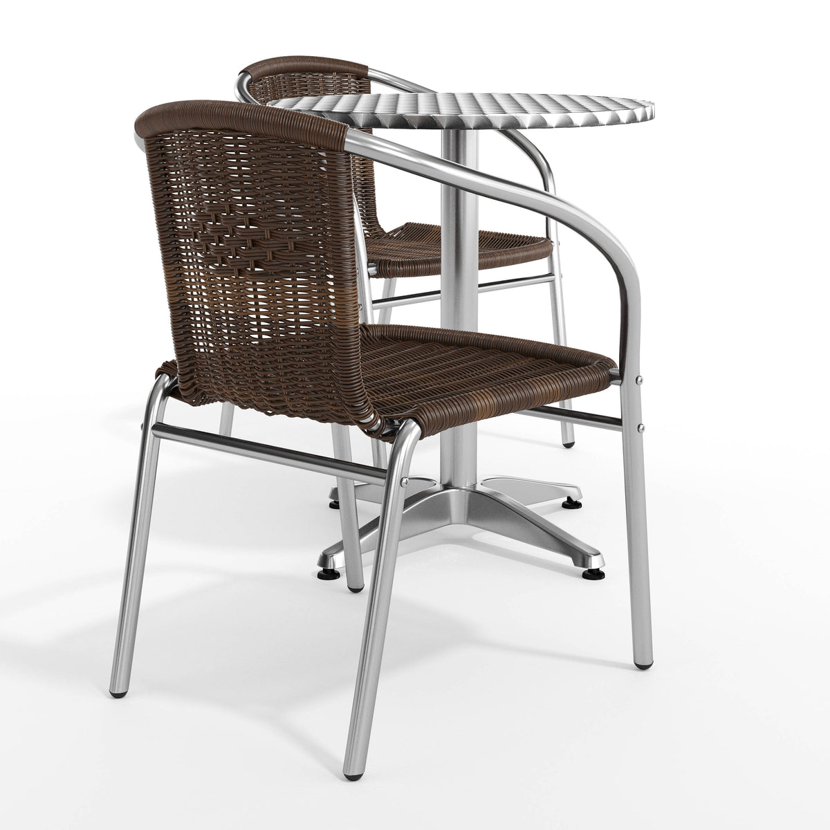 Dark Brown |#| 23.5" Round Aluminum Indoor-Outdoor Table Set with 2 Dark Brown Rattan Chairs
