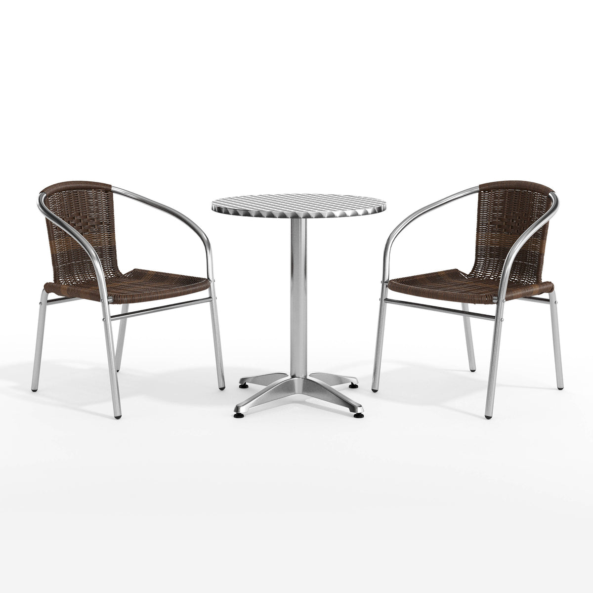 Dark Brown |#| 23.5" Round Aluminum Indoor-Outdoor Table Set with 2 Dark Brown Rattan Chairs