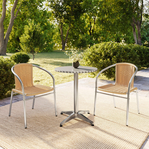 Beige |#| 23.5" Round Aluminum Indoor-Outdoor Table Set with 2 Beige Rattan Chairs