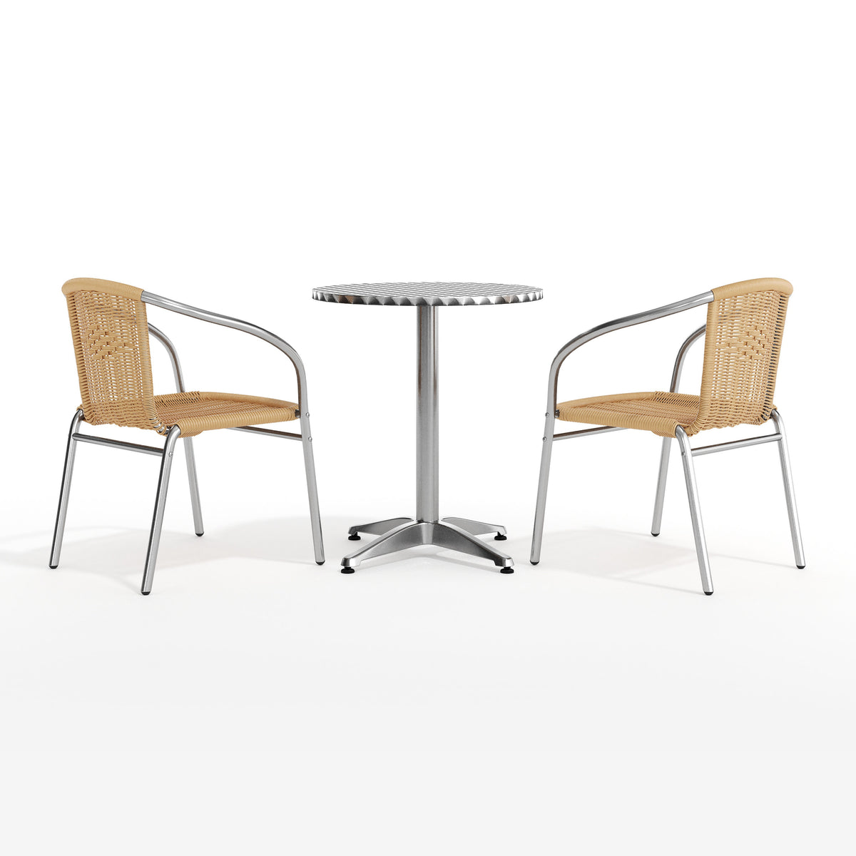Beige |#| 23.5" Round Aluminum Indoor-Outdoor Table Set with 2 Beige Rattan Chairs