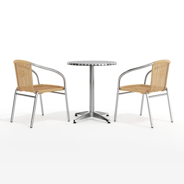 Beige |#| 23.5" Round Aluminum Indoor-Outdoor Table Set with 2 Beige Rattan Chairs