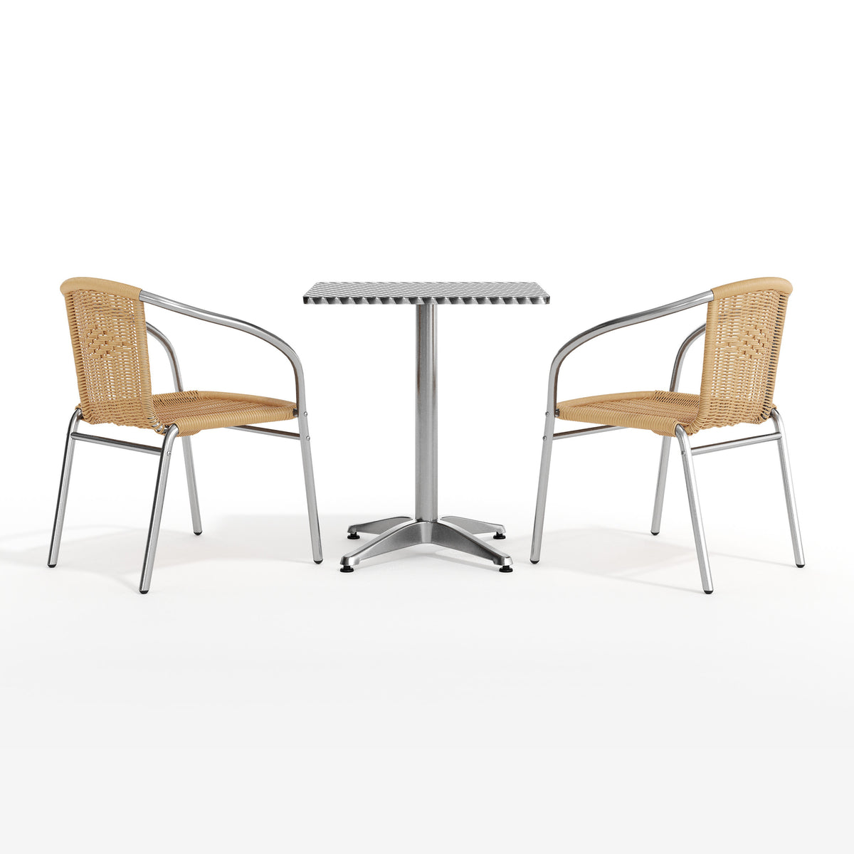 Beige |#| 23.5" Square Aluminum Indoor-Outdoor Table Set with 2 Beige Rattan Chairs