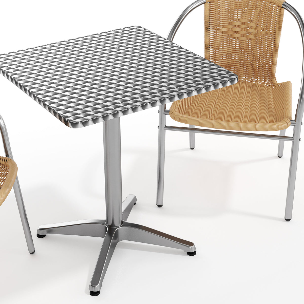 Beige |#| 23.5" Square Aluminum Indoor-Outdoor Table Set with 2 Beige Rattan Chairs