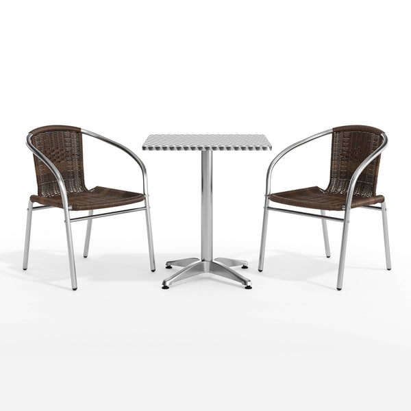 Dark Brown |#| 23.5" Square Aluminum Indoor-Outdoor Table Set with 2 Dark Brown Rattan Chairs