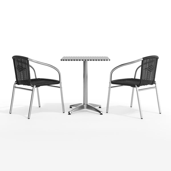 Black |#| 23.5" Square Aluminum Indoor-Outdoor Table Set with 2 Black Rattan Chairs
