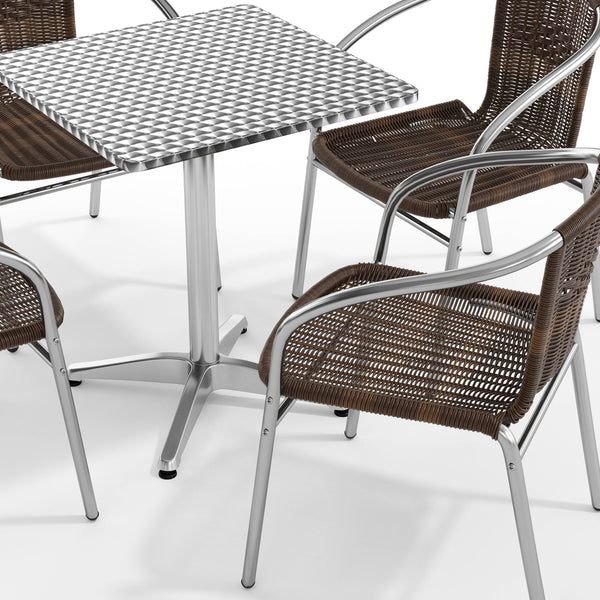 Dark Brown |#| 23.5" Square Aluminum Indoor-Outdoor Table Set with 4 Dark Brown Rattan Chairs