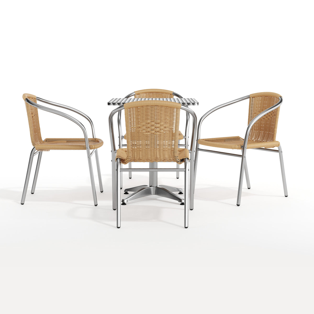 Beige |#| 23.5" Square Aluminum Indoor-Outdoor Table Set with 4 Beige Rattan Chairs