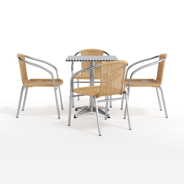 Beige |#| 23.5" Square Aluminum Indoor-Outdoor Table Set with 4 Beige Rattan Chairs
