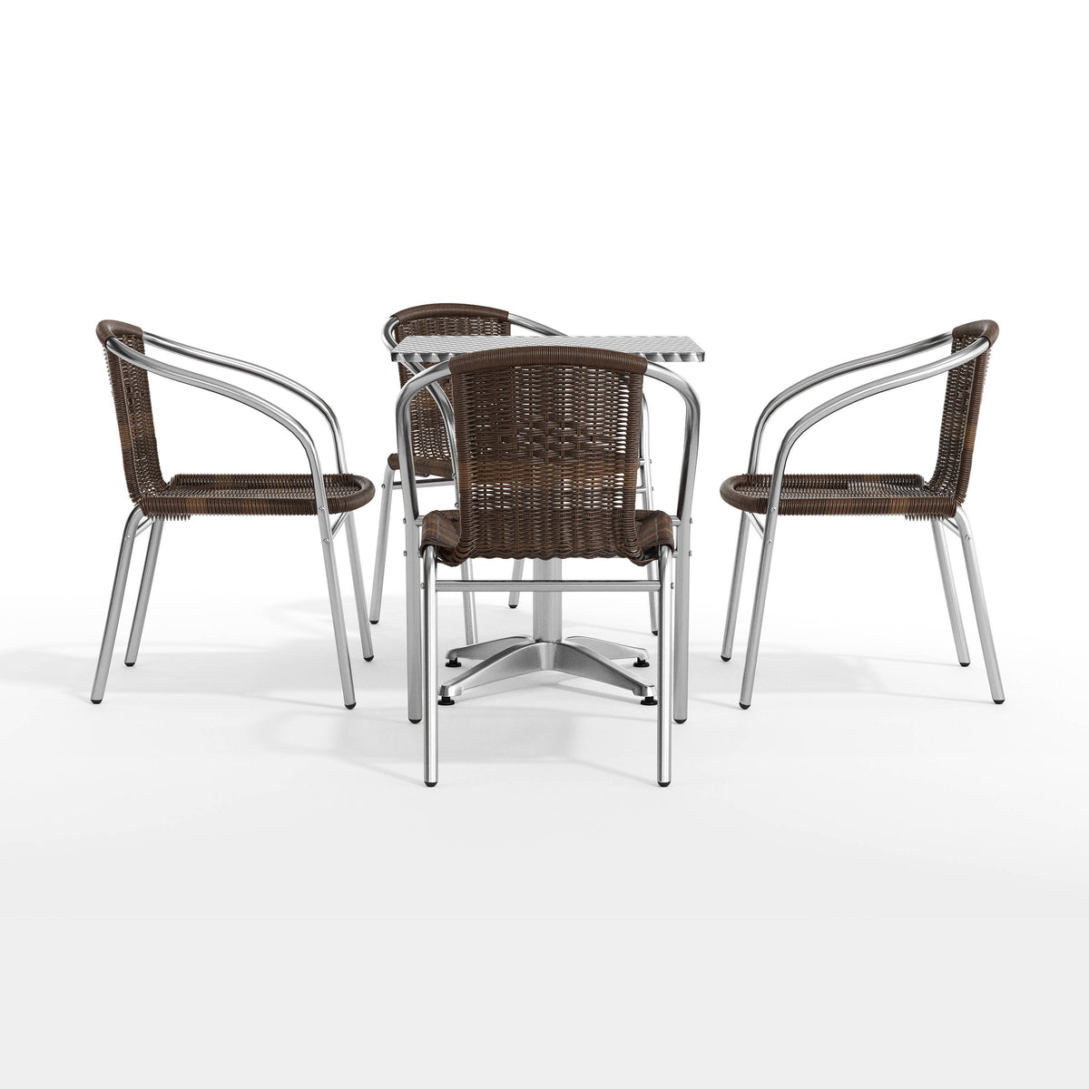 Dark Brown |#| 23.5" Square Aluminum Indoor-Outdoor Table Set with 4 Dark Brown Rattan Chairs
