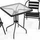 Black |#| 23.5" Square Glass Metal Table with 2 Black Metal Aluminum Slat Stack Chairs