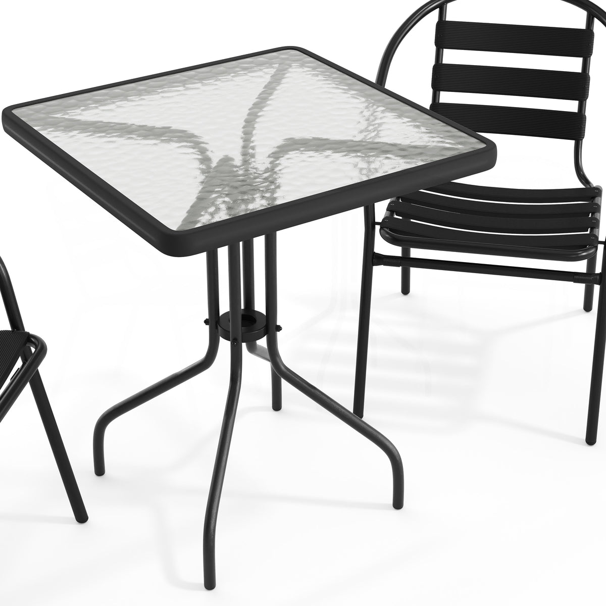 Black |#| 23.5" Square Glass Metal Table with 2 Black Metal Aluminum Slat Stack Chairs