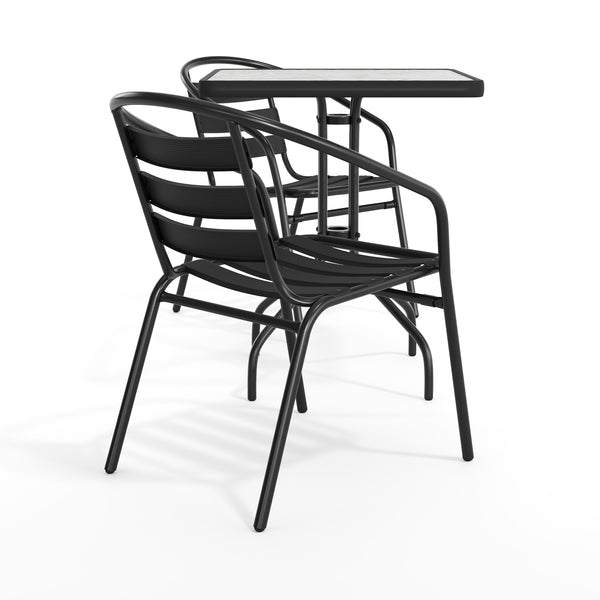 Black |#| 23.5" Square Glass Metal Table with 2 Black Metal Aluminum Slat Stack Chairs