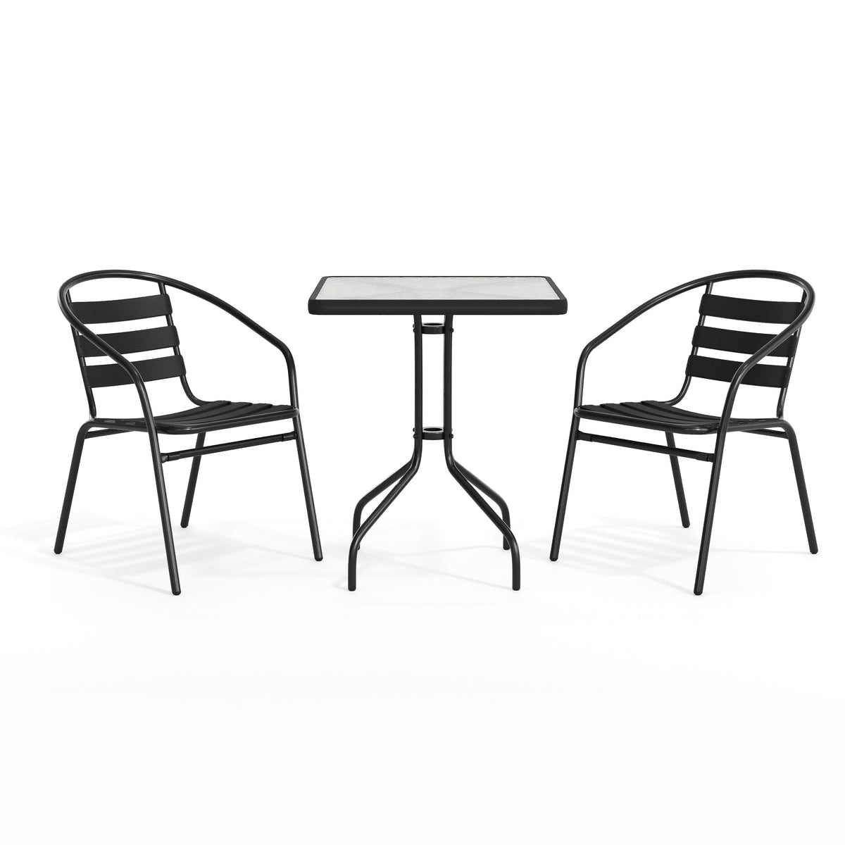 Black |#| 23.5" Square Glass Metal Table with 2 Black Metal Aluminum Slat Stack Chairs