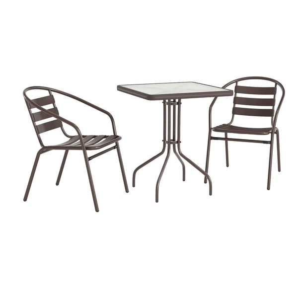 Bronze |#| Modern 23.5" Square Glass Framed Glass Table with 2 Bronze Slat Back Chairs