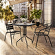Black |#| 23.5" Square Glass Metal Table with 2 Black Metal Aluminum Slat Stack Chairs
