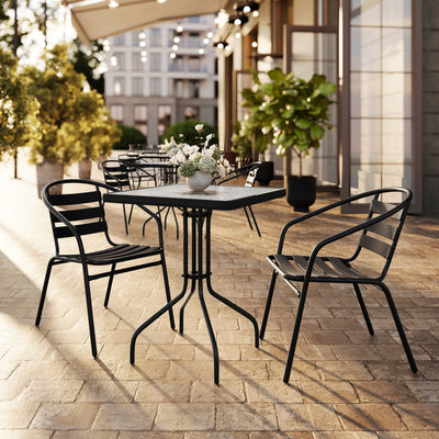 23.5" Square Glass Metal Table with 2 Metal Aluminum Slat Stack Chairs - View 2