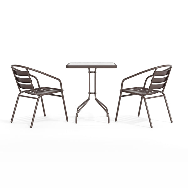 Bronze |#| Modern 23.5" Square Glass Framed Glass Table with 2 Bronze Slat Back Chairs