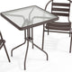 Bronze |#| Modern 23.5" Square Glass Framed Glass Table with 2 Bronze Slat Back Chairs