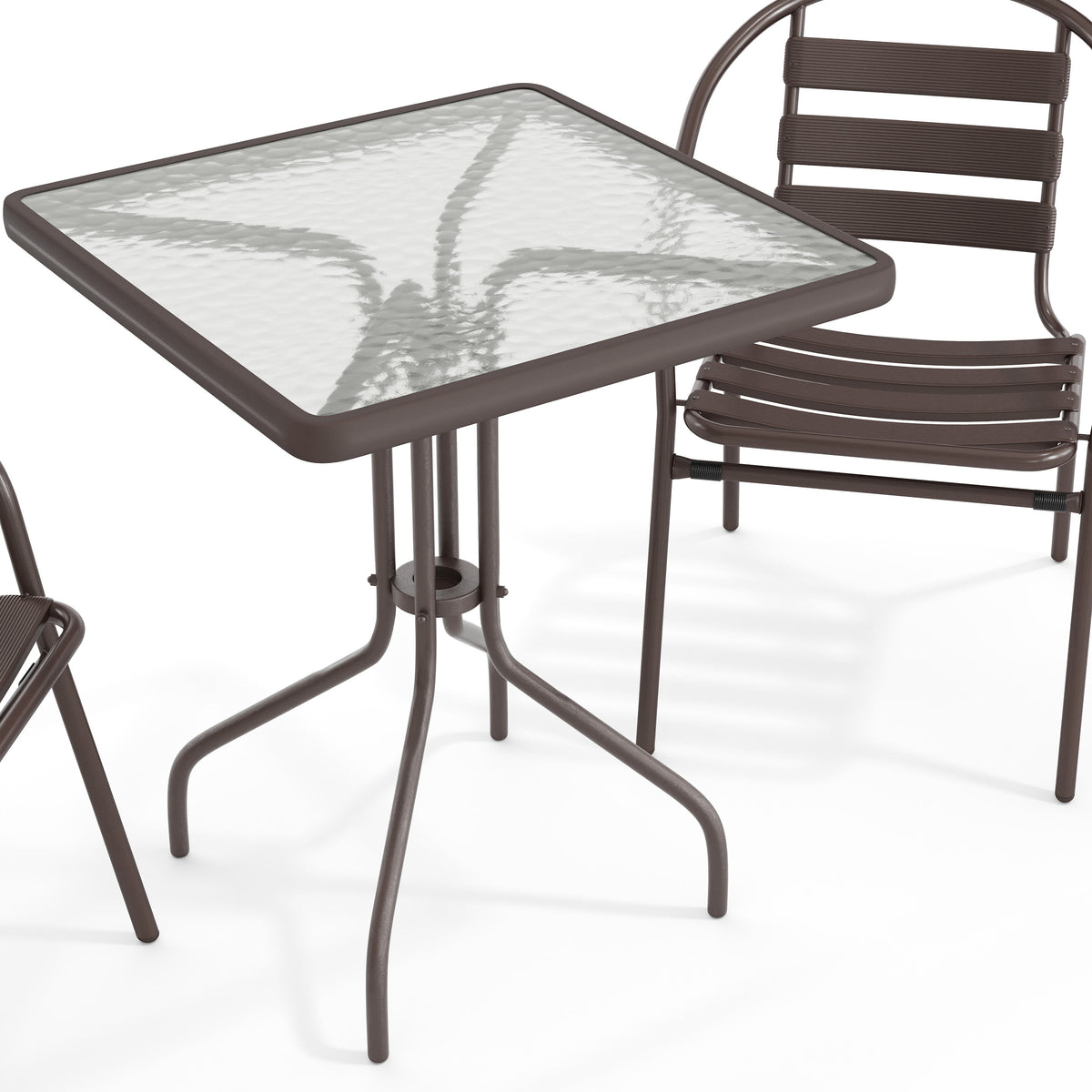 Bronze |#| Modern 23.5" Square Glass Framed Glass Table with 2 Bronze Slat Back Chairs