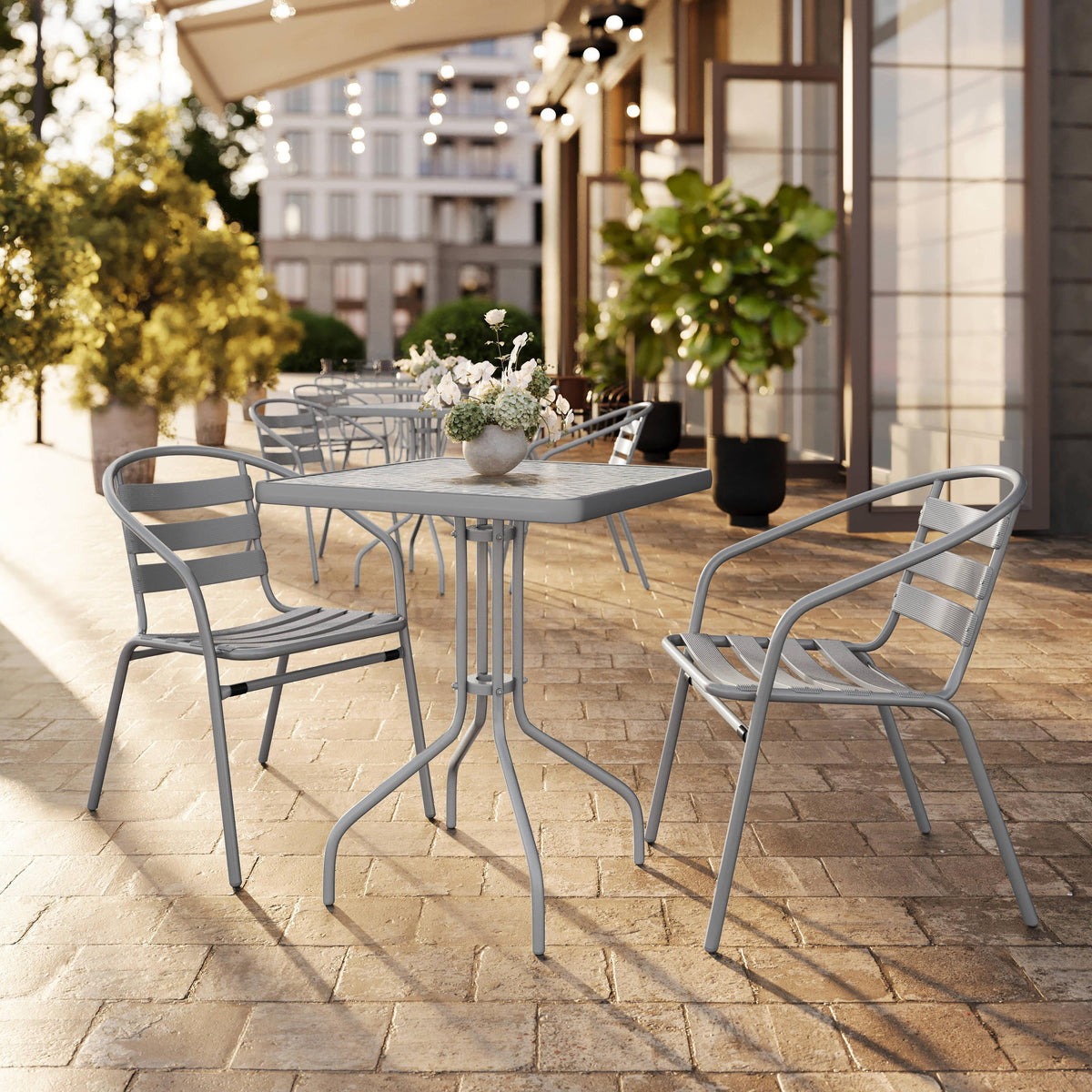 Silver |#| Modern 23.5" Square Glass Framed Glass Table with 2 Silver Slat Back Chairs