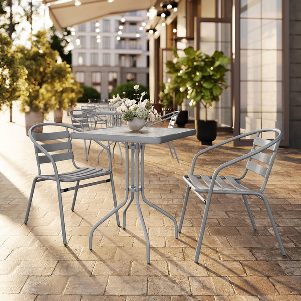 Silver |#| Modern 23.5" Square Glass Framed Glass Table with 2 Silver Slat Back Chairs
