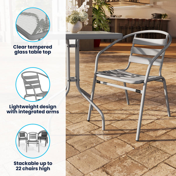 Silver |#| Modern 23.5" Square Glass Framed Glass Table with 2 Silver Slat Back Chairs