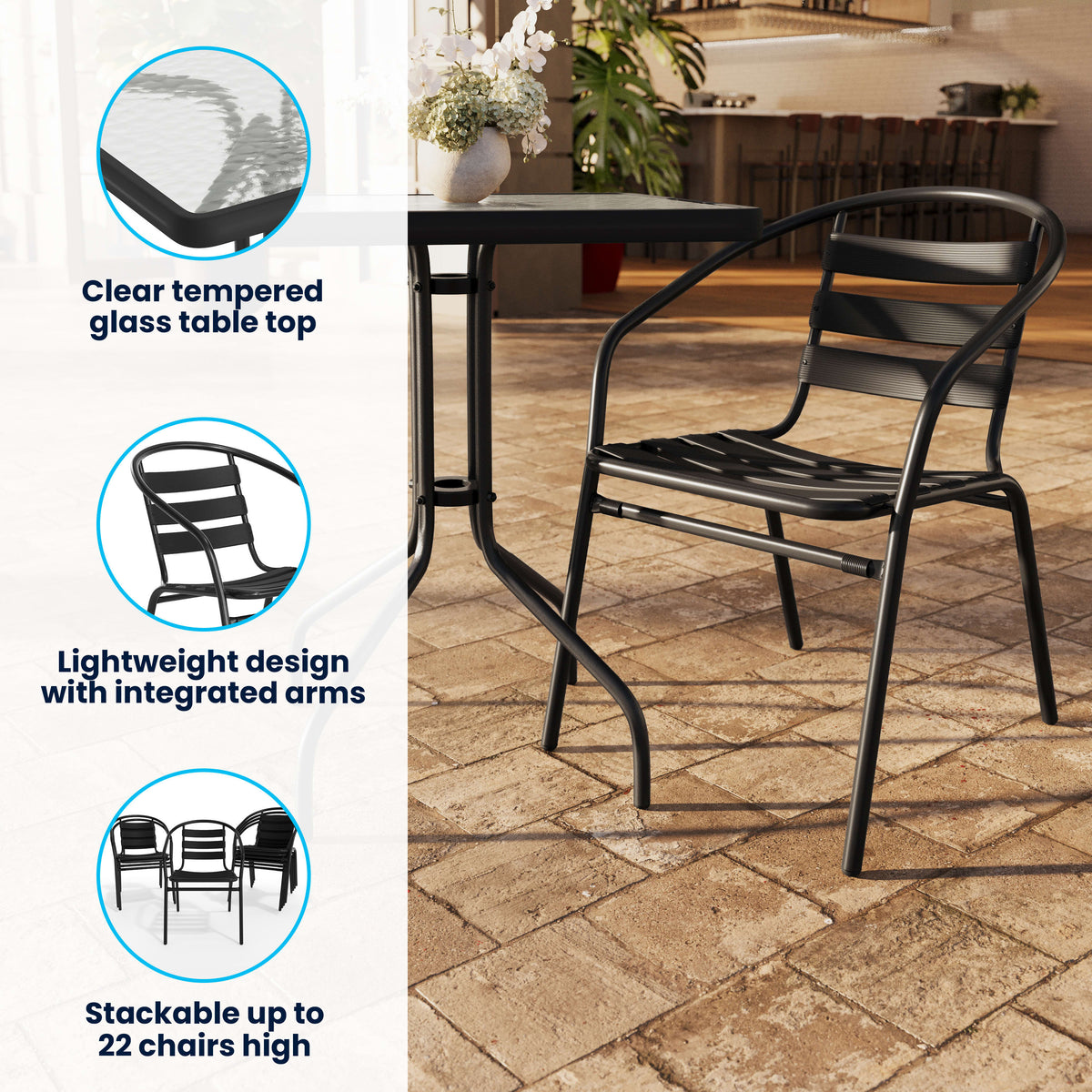 Black |#| 23.5" Square Glass Metal Table with 2 Black Metal Aluminum Slat Stack Chairs