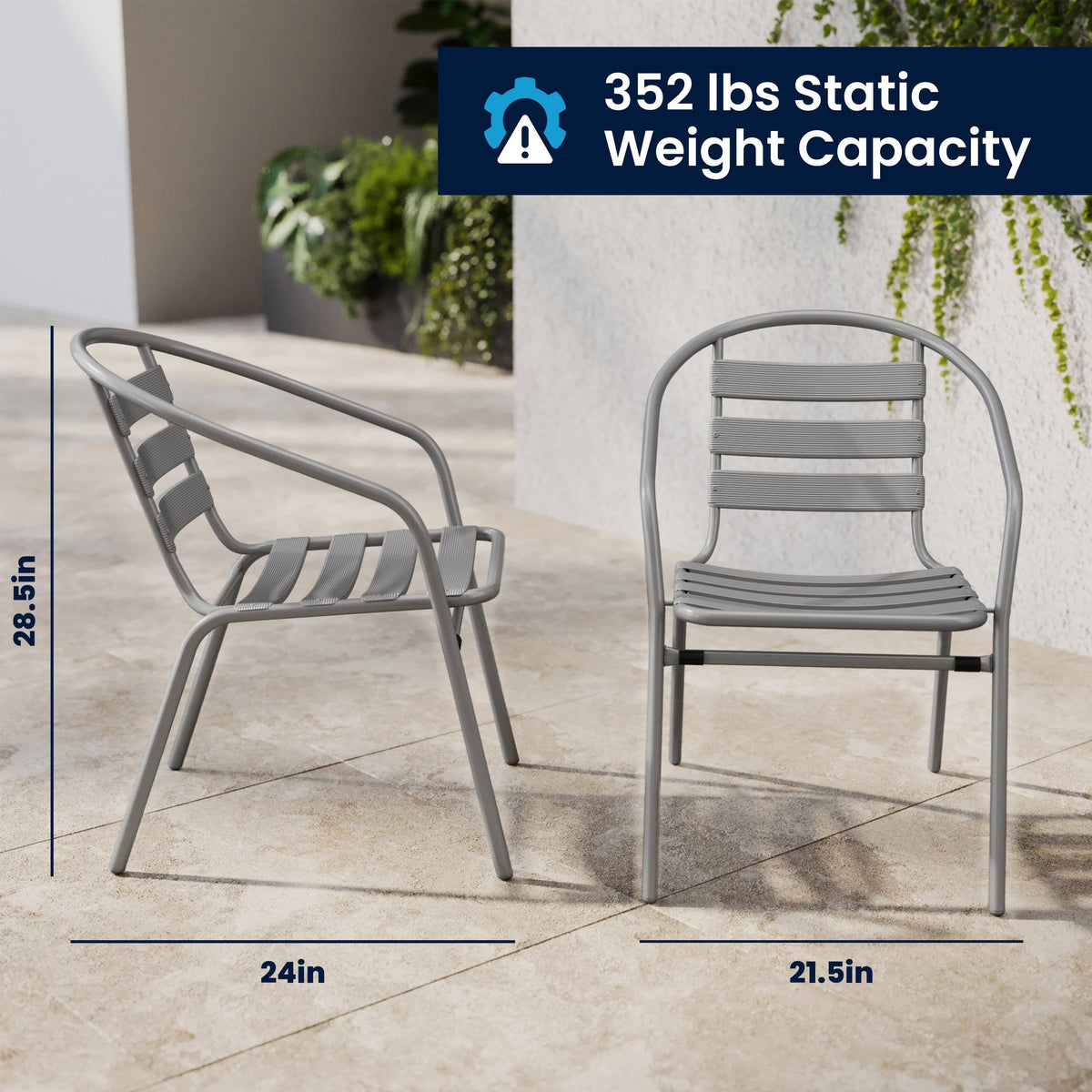 Silver |#| Modern 23.5" Square Glass Framed Glass Table with 2 Silver Slat Back Chairs
