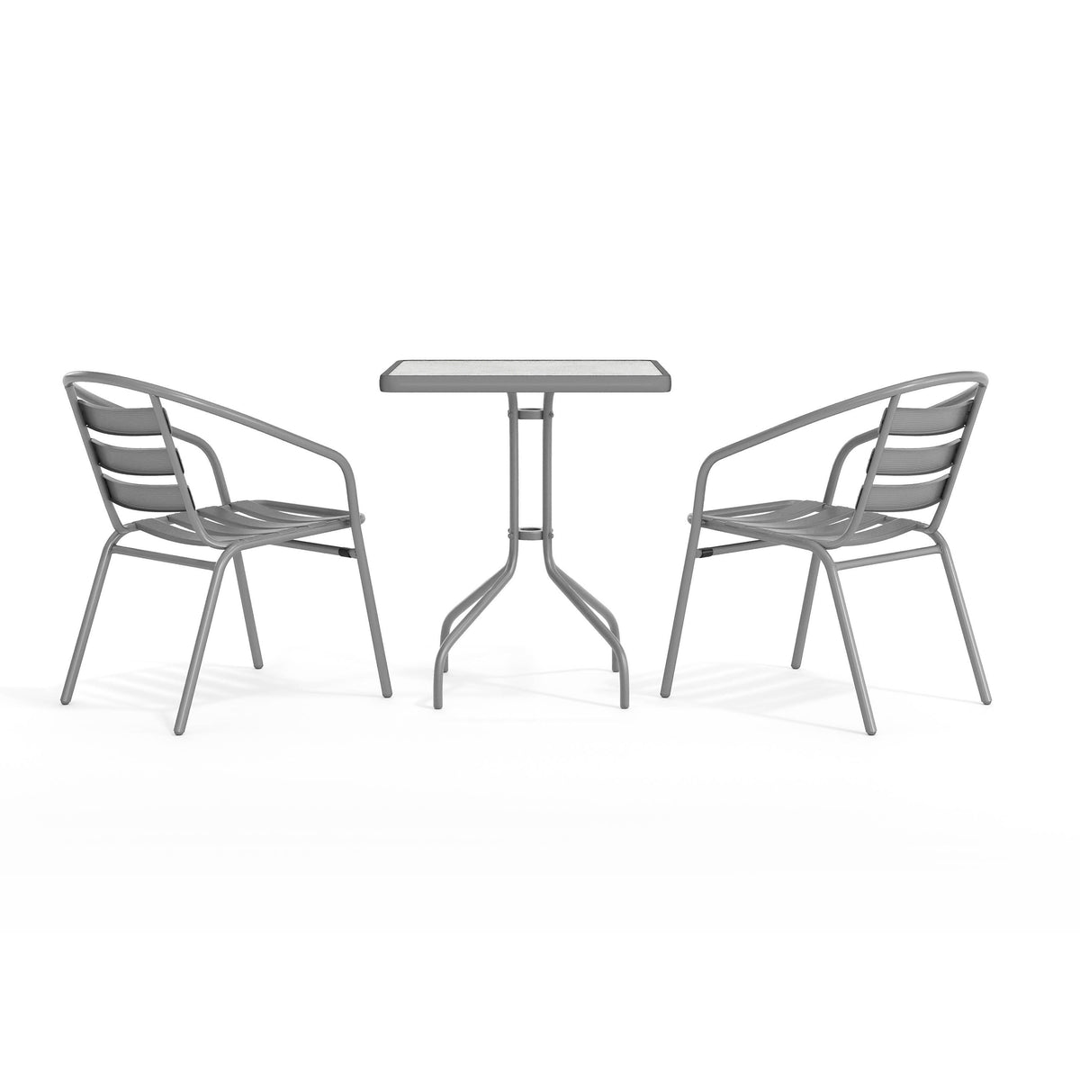 Silver |#| Modern 23.5" Square Glass Framed Glass Table with 2 Silver Slat Back Chairs