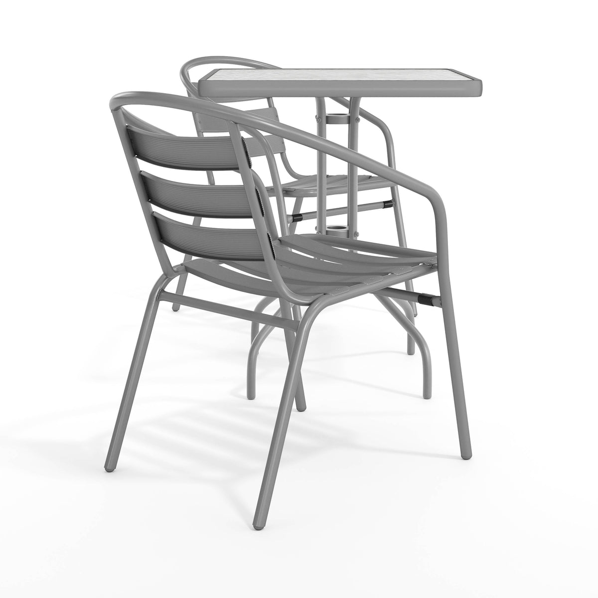 Silver |#| Modern 23.5" Square Glass Framed Glass Table with 2 Silver Slat Back Chairs