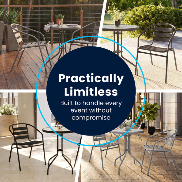 Black |#| 23.5" Square Glass Metal Table with 2 Black Metal Aluminum Slat Stack Chairs
