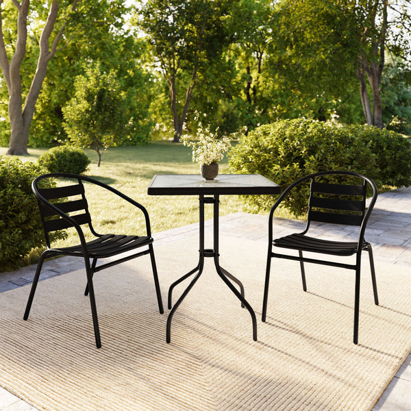 Black |#| 23.5" Square Glass Metal Table with 2 Black Metal Aluminum Slat Stack Chairs