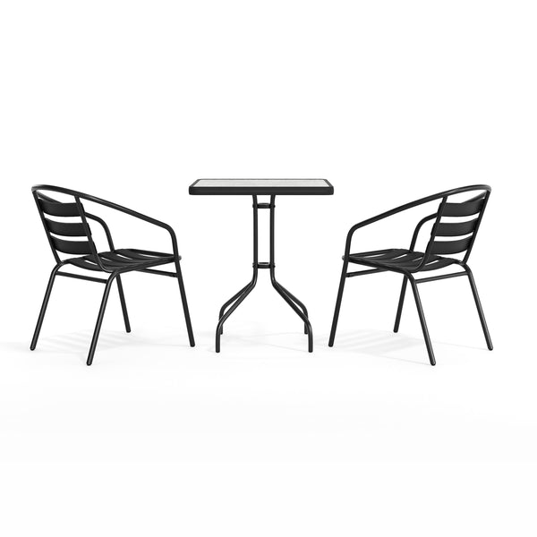 Black |#| 23.5" Square Glass Metal Table with 2 Black Metal Aluminum Slat Stack Chairs