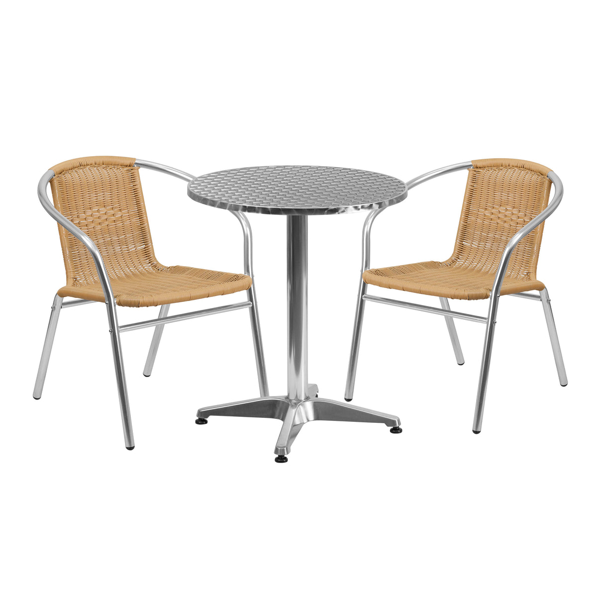 Beige |#| 23.5inch Round Aluminum Indoor-Outdoor Table Set with 2 Beige Rattan Chairs