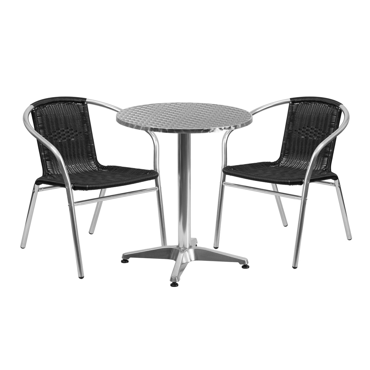 Black |#| 23.5inch Round Aluminum Indoor-Outdoor Table Set with 2 Black Rattan Chairs