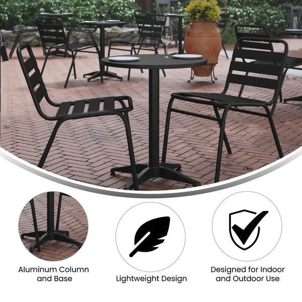 Black |#| Modern 23.5inch Round Glass Framed Glass Table with 2 Black Slat Back Chairs