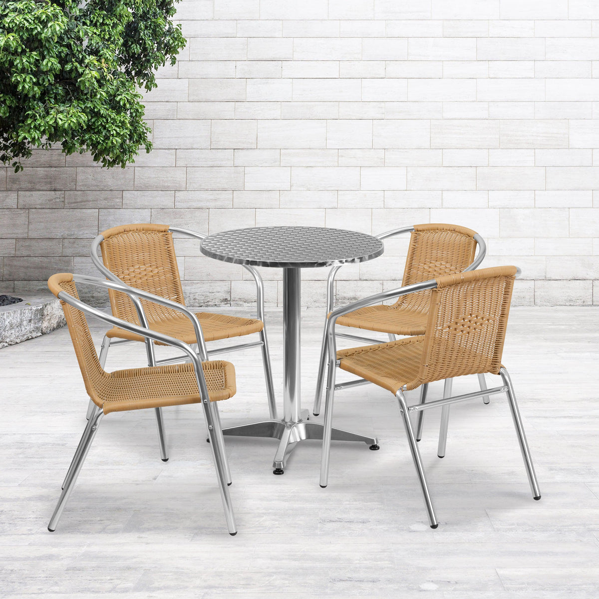 Beige |#| 23.5inch Round Aluminum Indoor-Outdoor Table Set with 4 Beige Rattan Chairs