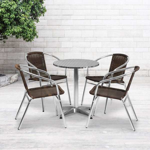 Dark Brown |#| 23.5inch Round Aluminum Indoor-Outdoor Table Set with 4 Dark Brown Rattan Chairs